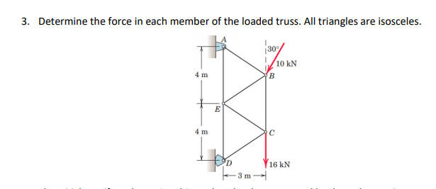 3. Determine the force in each member of the loaded truss. All triangles are isosceles.
30/
10 kN
4 m
B.
E
4 m
16 kN
3 m
