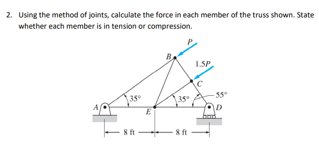 2. Using the method of joints, calculate the force in each member of the truss shown. State
whether each member is in tension or compression.
B.
1.5P
35°
- 55°
|35°
A
E
\D
- 8 ft
- 8 ft
