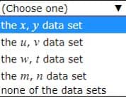 (Choose one)
the x, y data set
the u, v data set
the w, t data set
the m, n data set
none of the data sets
