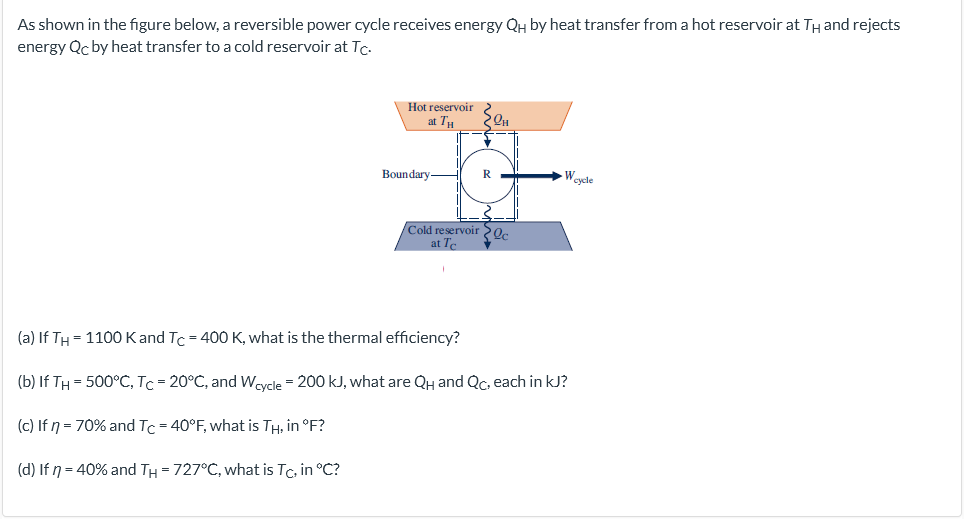 As shown in the figure below, a reversible power cycle receives energy QH by heat transfer from a hot reservoir at TH and rejects
energy Qc by heat transfer to a cold reservoir at Tc.
Hot reservoir 2
at TH
Boundary
Weycle
-
Cold reservoir 20
at Te
(a) If TH = 1100 Kand Tc = 400 K, what is the thermal efficiency?
(b) If TH = 500°C, Tc = 20°C, and Weycle = 200 kJ, what are QH and Qc, each in kJ?
(c) If n = 70% and Tc = 40°F, what is TH, in °F?
(d) If n = 40% and TH = 727°C, what is Tc, in °C?

