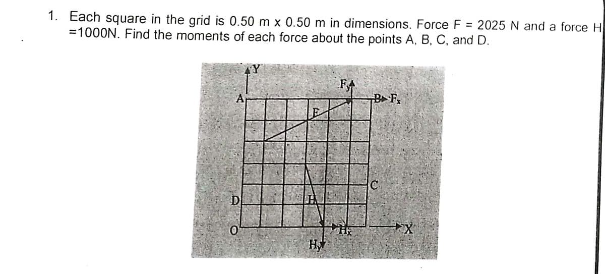 1. Each square in the grid is 0.50 m x 0.50 m in dimensions. Force F = 2025 N and a force H
=1000N. Find the moments of each force about the points A, B, C, and D.
%3D
FA
B F
A
H
