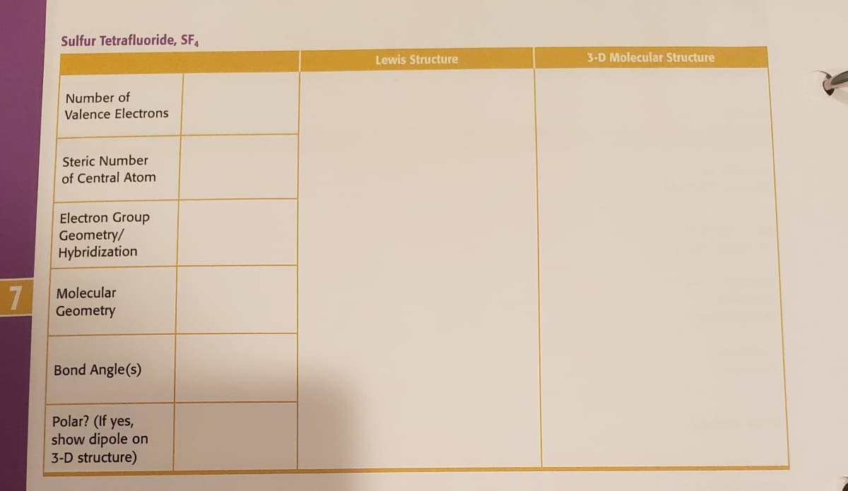 Sulfur Tetrafluoride, SF,
Lewis Structure
3-D Molecular Structure
Number of
Valence Electrons
Steric Number
of Central Atom
Electron Group
Geometry/
Hybridization
7
Molecular
Geometry
Bond Angle(s)
Polar? (If yes,
show dipole on
3-D structure)
