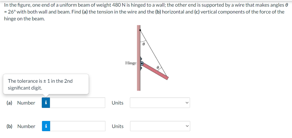 In the figure, one end of a uniform beam of weight 480 N is hinged to a wall; the other end is supported by a wire that makes angles e
= 26° with both wall and beam. Find (a) the tension in the wire and the (b) horizontal and (c) vertical components of the force of the
hinge on the beam.
to
Hinge
The tolerance is + 1 in the 2nd
significant digit.
(a) Number
i
Units
(b) Number
i
Units
