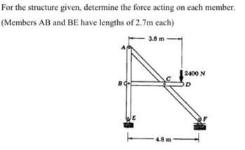 For the structure given, determine the force acting on each member.
(Members AB and BE have lengths of 2.7m cach)
3.6 m
2400 N
48m
