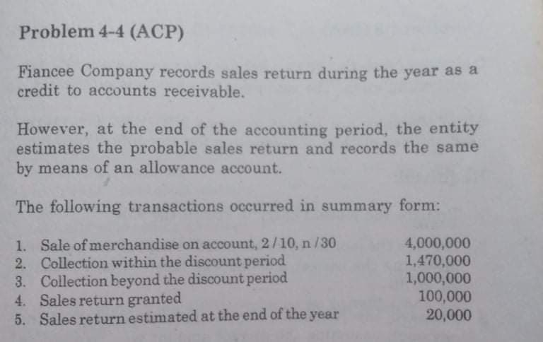 Problem 4-4 (ACP)
Fiancee Company records sales return during the year as a
credit to accounts receivable.
However, at the end of the accounting period, the entity
estimates the probable sales return and records the same
by means of an allowance account.
The following transactions occurred in summary form:
1. Sale of merchandise on account, 2/10, n /30
2. Collection within the discount period
3. Collection beyond the discount period
4. Sales return granted
5. Sales return estimated at the end of the year
4,000,000
1,470,000
1,000,000
100,000
20,000
