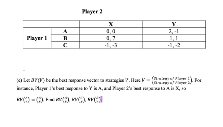 Player 2
X
Y
2, -1
1, 1
A
0,0
0, 7
-1, -3
Player 1
B
C
-1, -2
(e) Let BV (V) be the best response vector to strategies V. Here V = (Strategy of Player 1)
For
instance, Player 1's best response to Y is A, and Player 2's best response to A is X, so
BV (;) = (4). Find BV^), BV(§), BV(*).
