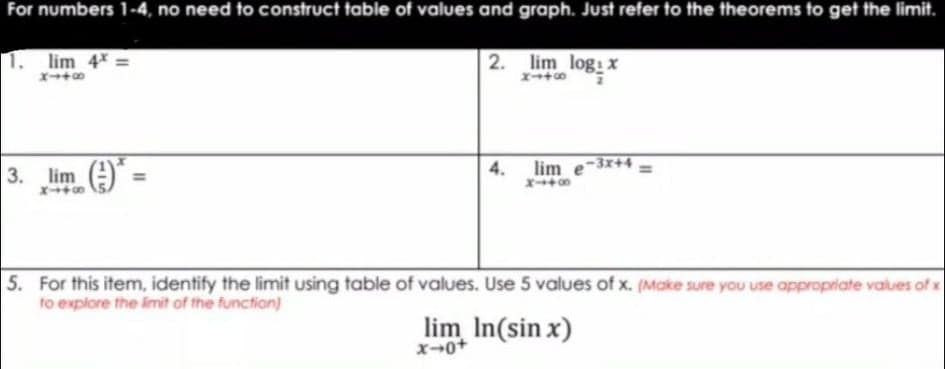 For numbers 1-4, no need to construct table of values and graph. Just refer to the theorems to get the limit.
1. lim 4* :
2.
lim log:x
3. lim
()
4.
lim e-3x+4
5. For this item, identify the limit using table of values. Use 5 values of x. (Make sure you use appropriate values of x
to explore the limit of the function)
lim In(sin x)
