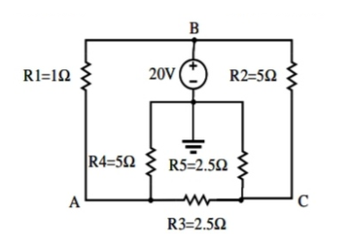 B
R1=1Q
20V
R2=52
R4=52
R5=2.50
A
R3=2.50
