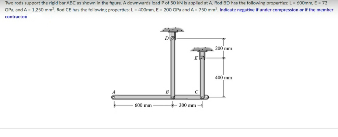 Two rods support the rigid bar ABC as shown in the figure. A downwards load P of 50 kN is applied at A. Rod BD has the following properties: L = 600mm, E = 73
GPa, and A = 1,250 mm². Rod CE has the following properties: L = 400mm, E = 200 GPa and A = 750 mm2. Indicate negative if under compression or if the member
contracteri
D
200 mm
Εἴ
400 mm
B
600 mm
300 mm-