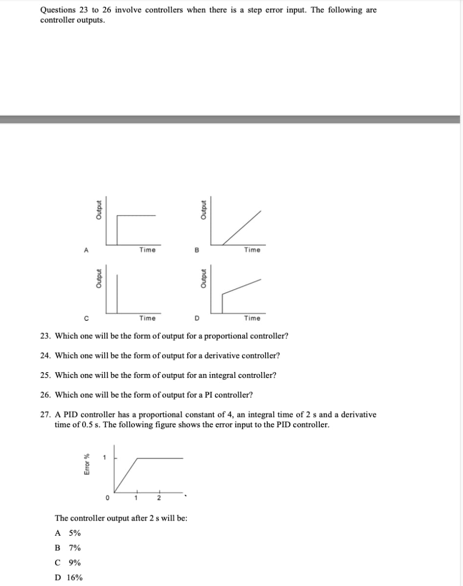 Questions 23 to 26 involve controllers when there is a step error input. The following are
controller outputs.
Output
Error %
Time
Time
K
Time
D
Time
23. Which one will be the form of output for a proportional controller?
24. Which one will be the form of output for a derivative controller?
25. Which one will be the form of output for an integral controller?
26. Which one will be the form of output for a PI controller?
27. A PID controller has a proportional constant of 4, an integral time of 2 s and a derivative
time of 0.5 s. The following figure shows the error input to the PID controller.
1
15
0
The controller output after 2 s will be:
A 5%
B 7%
C 9%
D 16%
Output
Output
B
Output