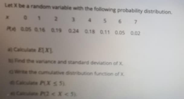Let X be a random variable with the following probability distribution.
01 2 3 4 5 6 7
Pe 0.05 016 0.19 0.24 0.18 0.11 0.05 0.02
aCalculate ElX)
Find the variance and standard deviation of x
Write the cumulative distribution function of X
6Caloulate PX S 5)
Calculate P(2<X<5)
