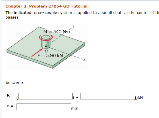 Chapter 2, Problem 2/054 GO Tutorial
The indicated force-couple system is applied to a small shaft at the center of th
passes.
M = 540 Nm
F = 5.90 kN
Answers:
R =
i +
j)kN
X =
Imm
