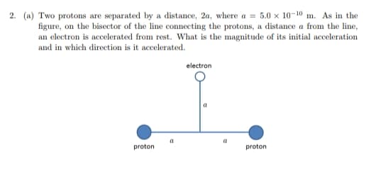 2. (a) Two protons are separated by a distance, 2a, where a = 5.0 x 10-10 m. As in the
figure, on the bisector of the line connecting the protons, a distance a from the line,
an electron is accelerated from rest. What is the magnitude of its initial acceleration
and in which direction is it accelerated.
electron
a
proton
proton
