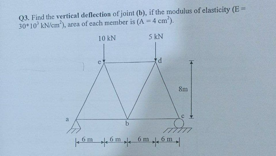 Q3. Find the vertical deflection of joint (b), if the modulus of elasticity (E =
30*10 kN/cm), area of each member is (A = 4 cm).
%3D
%3D
10 kN
5 kN
8m
a
C
b.
6 m
6 m
6 m
