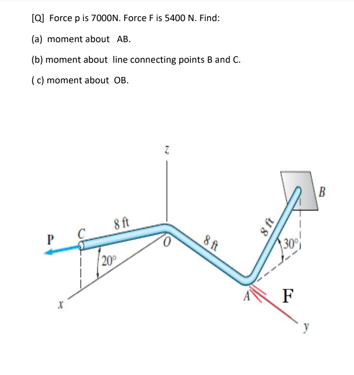 [Q] Force p is 7000N. Force F is 5400 N. Find:
(a) moment about AB.
(b) moment about line connecting points B and C.
(c) moment about OB.
8 ft
8 ft
30
20
F
8 it
