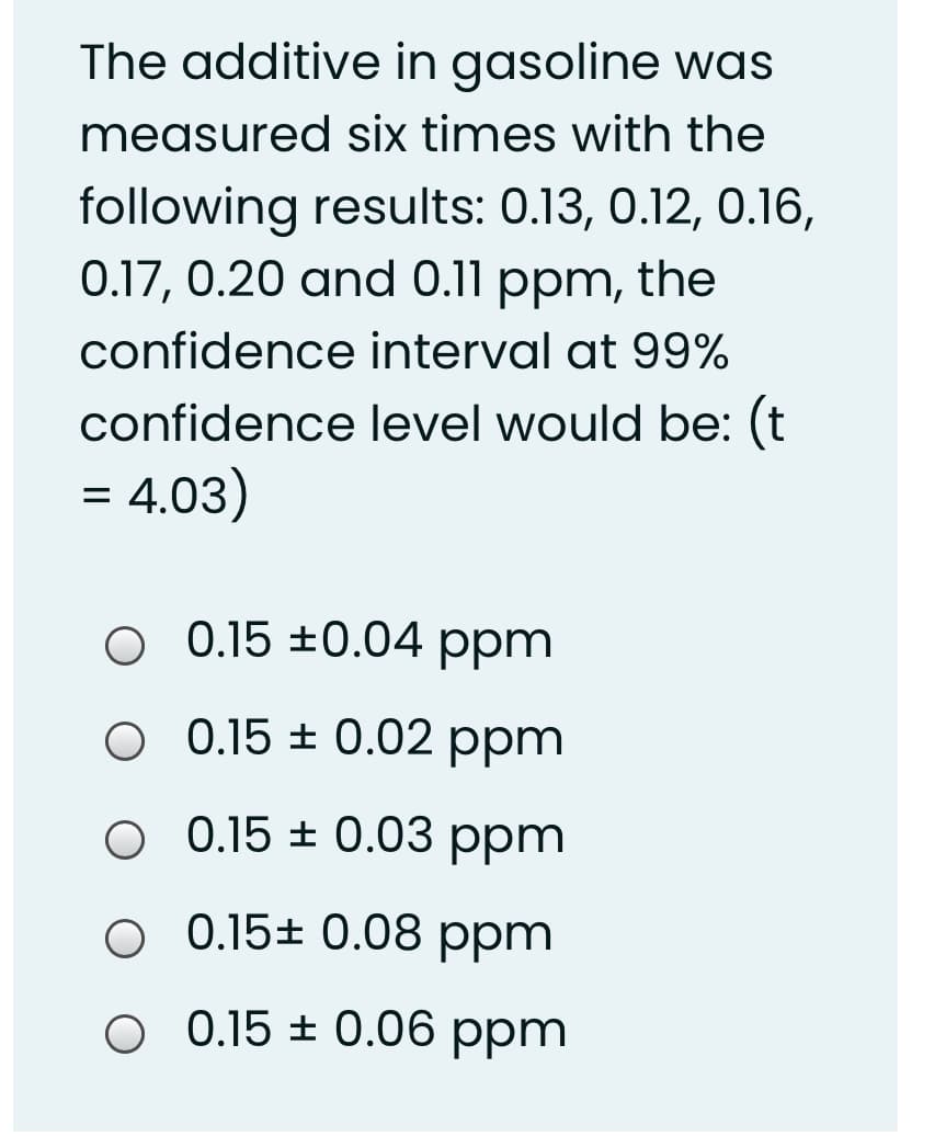 The additive in gasoline was
measured six times with the
following results: 0.13, 0.12, 0.16,
0.17, 0.20 and 0.11 ppm, the
confidence interval at 99%
confidence level would be: (t
= 4.03)
o 0.15 ±0.04 ppm
O 0.15 ± 0.02 ppm
O 0.15 ± 0.03 ppm
O 0.15± 0.08 ppm
O 0.15 ± 0.06 ppm
