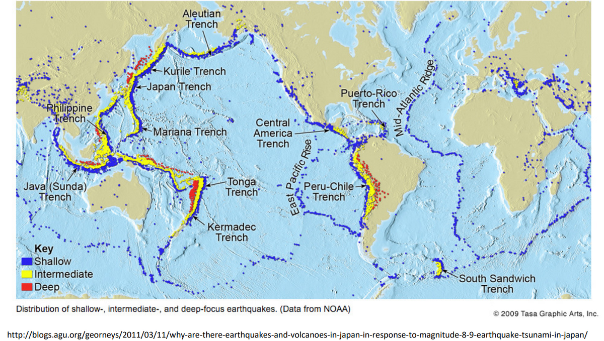 Philippine
Trench
Java (Sunda)
..Trench
Aleutian
Trench
-Kurile Trench
-Japan Trench
Mariana Trench
Central.
America
Trench
Tonga
Trench
Kermadec
Trench
Puerto-Rico
Trench
Peru-Chile
Trench
Key
Shallow
Intermediate
Deep
Distribution of shallow-, intermediate-, and deep-focus earthquakes. (Data from NOAA)
-Atlantic Ridge
South Sandwich
Trench
©2009 Tasa Graphic Arts, Inc.
http://blogs.agu.org/georneys/2011/03/11/why-are-there-earthquakes-and-volcanoes-in-japan-in-response-to-magnitude-8-9-earthquake-tsunami-in-japan/