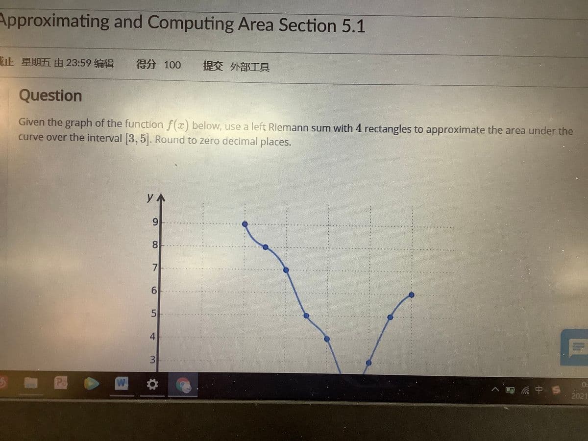 Approximating and Computing Area Section 5.1
載止 星期五由23:59 编辑
得分 100
提交外部工具
Question
Given the graph of the function f(x) below, use a left Riemann sum with 4 rectangles to approximate the area under the
curve over the interval 3, 5|. Round to zero decimal places.
8.
5-
4
3
2021
