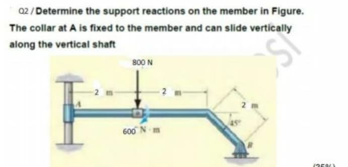 02 / Determine the support reactions on the member in Figure.
The collar at A is fixed to the member and can slide vertically
along the vertical shaft
800 N
2 m
2 m
600 N m
1359)
2.
