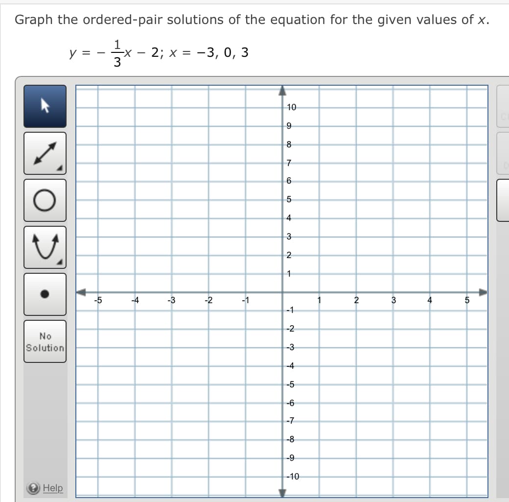 Graph the ordered-pair solutions of the equation for the given values of x.
y = -
3
2; х %3D —3, 0, 3
10
8
7
6
4
3
2
-5
-4
-3
-2
-1
2
3
4
5
-1
-2
No
Solution
-3
-4
-5
-6
-7
-8
-9
-10
2 Help
