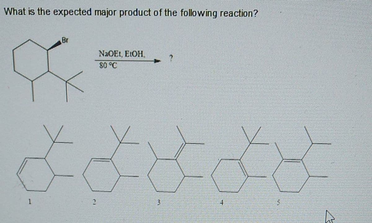 What is the expected major product of the following reaction?
Br
NaOEt, E1OH,
80 °C
1.
4.
