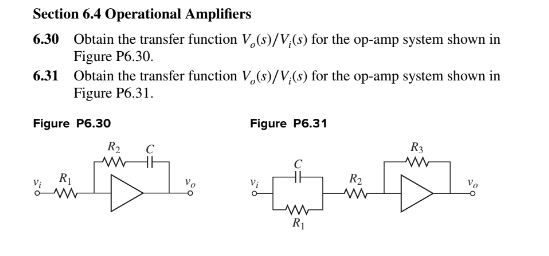 Section 6.4 Operational Amplifiers
6.30 Obtain the transfer function V₂ (s)/V;(s) for the op-amp system shown in
Figure P6.30.
6.31 Obtain the transfer function V,(s)/V;(s) for the op-amp system shown in
Figure P6.31.
Figure P6.30
Vi
R₁
R₂
HH
Vo
Figure P6.31
с
HE
ww
R₁
R₂
ww
R3
www
Vo