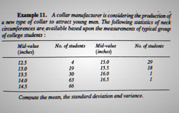 Example 11. A collar manufacturer is considering the production of
a new type of collar to attract young men. The following statistics of neck
circumferences are available based upon the measurements of typical group
of college students :
Mid-value
No. of students
Mid-value
No of students
(inches)
(inches)
15.0
15.5
16.0
4
29
12.5
13.0
13.5
14.0
14.5
19
18
30
1
63
16.5
1
66
Compute the mean, the standard deviation and variance.
