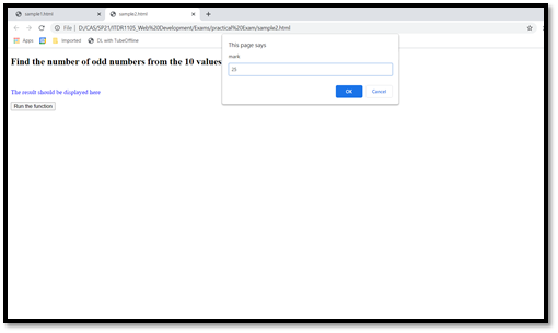 Fle | DCASSPETDR1105 WDevelopment/Eampractica0Eamampleen
This page ays
mak
Find the number of odd numbers from the 10 values
The ad shod be diplayed ee
Canel
Run he unction
