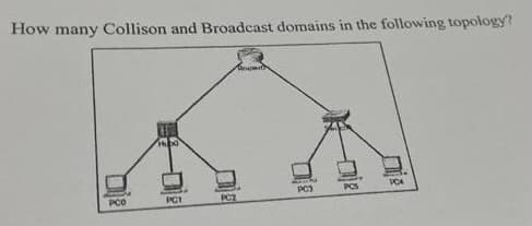 How many Collison and Broadcast domains in the following topology?
PCO
H₂O
PC1
PC2
sow
PC3
PCS
POA