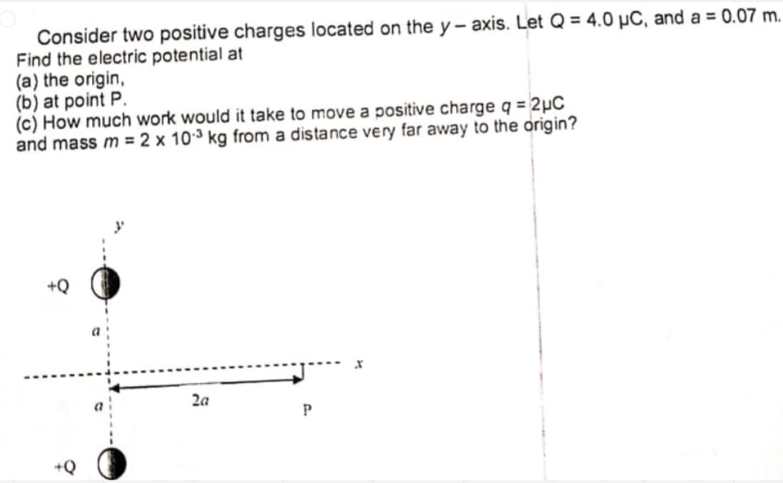 Consider two positive charges located on the y – axis. Let Q = 4.0 µC, and a = 0.07 m.
Find the electric potential at
(a) the origin,
(b) at point P.
(c) How much work would it take to move a positive charge q = 2pC
and mass m = 2 x 103 kg from a distance very far away to the origin?
+Q
2a
