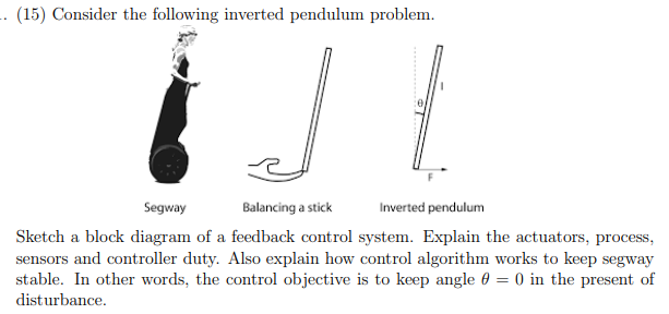 -- (15) Consider the following inverted pendulum problem.
Segway
Balancing a stick
Inverted pendulum
Sketch a block diagram of a feedback control system. Explain the actuators, process,
sensors and controller duty. Also explain how control algorithm works to keep segway
stable. In other words, the control objective is to keep angle 0 = 0 in the present of
disturbance.
