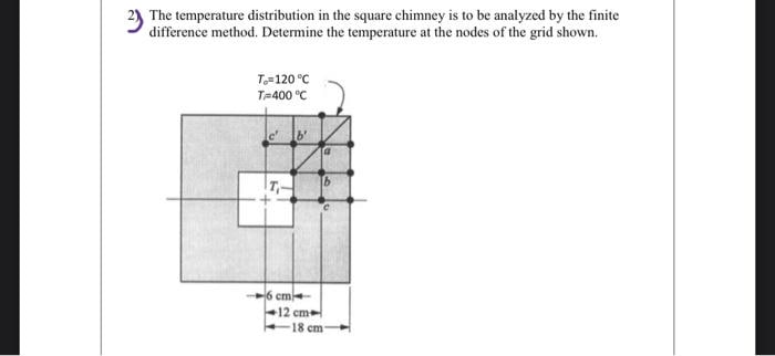 2) The temperature distribution in the square chimney is to be analyzed by the finite
difference method. Determine the temperature at the nodes of the grid shown.
T120 °C
T-400 °C
6 cm
12 cm
18 cm
