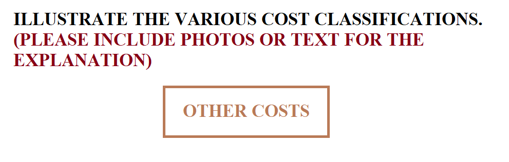 ILLUSTRATE THE VARIOUS COST CLASSIFICATIONS.
(PLEASE INCLUDE PHOTOS OR TEXT FOR THE
EXPLANATION)
OTHER COSTS