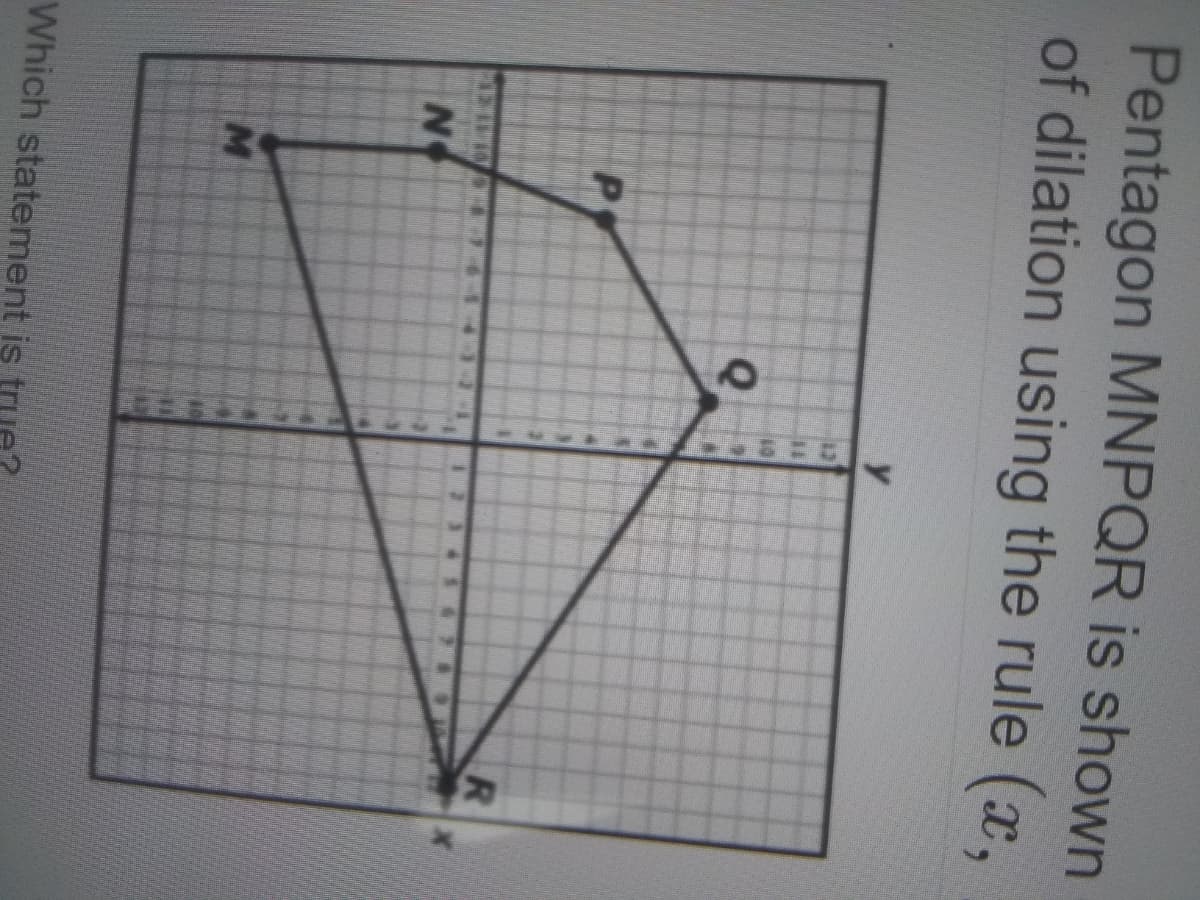 Pentagon MNPQR is shown
of dilation using the rule (x,
NO
Which statement is tri
