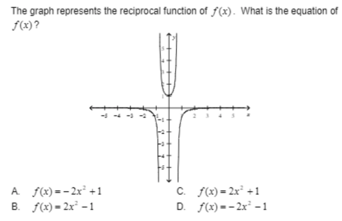 The graph represents the reciprocal function of f(x). What is the equation of
f(x)?
<-5
A. f(x)=2x² +1
B. f(x)=2x² -1
7
"
"
15
C. f(x) = 2x² +1
D.
f(x)=2x² -1