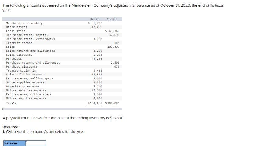 The following amounts appeared on the Mendelsteln Company's adjusted trial balance as of October 31, 2020, the end of Its fiscal
year.
Debit
Credit
Merchandise inventory
$ 1,750
Other assets
47, 000
$ 43, 340
37,698
Liabilities
Joe Mendelstein, capital
Joe Mendelstein, withdrawals
3,700
Interest income
185
Sales
103,400
Sales returns and allowances
8, 200
Sales discounts
1,195
Purchases
44, 200
Purchase returns and allowances
2, see
Purchase discounts
970
Transportation-in
Sales salaries expense
Rent expense, selling space
Store supplies expense
Advertising expense
Office salaries expense
5,400
18,500
9,900
3,900
9,700
22,700
Rent expense, office space
Office supplies expense
8, 300
3,640
Totals
$188,085 $188,085
A physical count shows that the cost of the ending inventory is $13,300.
Required:
1. Calculate the company's net sales for the year.
Net sales
