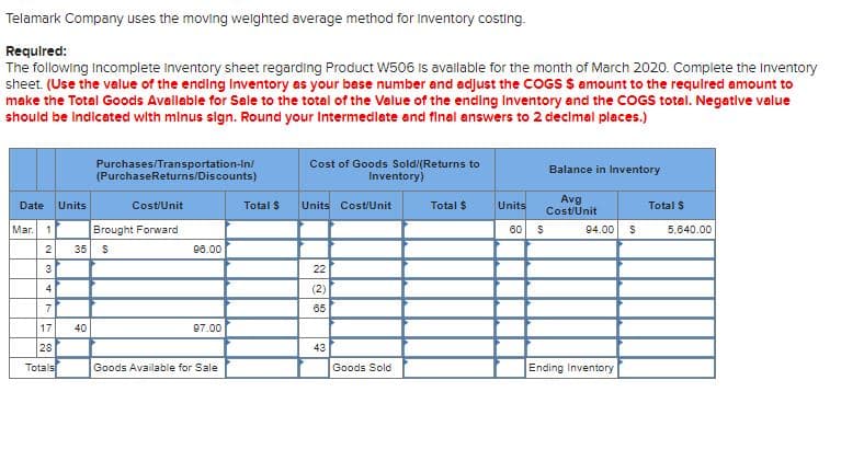 Telamark Company uses the moving welghted average method for Inventory costing.
Required:
The following Incomplete inventory sheet regarding Product W506 Is avallable for the month of March 2020. Complete the Inventory
sheet. (Use the value of the ending Inventory as your base number and adjust the COGS $ amount to the required amount to
make the Total Goods Avallable for Sale to the total of the Value of the ending Inventory and the COGS total. Negative value
should be indicated with minus sign. Round your Intermedilate and final answers to 2 decimal places.)
Purchases/Transportation-In/
(PurchaseReturns/Discounts)
Cost of Goods Sold/(Returns to
Inventory)
Balance in Inventory
Avg
Cost/Unit
Date
Units
Cost/Unit
Total S
Units Cost/Unit
Total $
Units
Total S
Mar. 1
Brought Forward
5.640.00
60
94.00
2
35
96.00
3
22
4
(2)
7
65
17
40
97.00
28
43
Totals
Ending Inventory
Goods Available for Sale
Goods Sold
