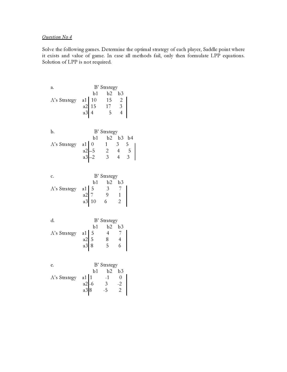 Question No 4
Solve the following games. Determine the optimal strategy of each player, Saddle point where
it exists and value of game. In case all methods fail, only then formulate LPP equations.
Solution of LPP is not required.
B’ Strategy
а.
b1
b2 b3
A's Strategy
a1
10
15
a2 15
17
3
a3| 4
4
b.
B’ Strategy
b1
b2
b3 b4
A's Strategy al 0
a2-5
1
3
2
4
а3-2
4
3
B’ Strategy
с.
b1
b2 b3
A's Strategy
a1
3
7
a2| 7
9
1
а3] 10
6
d.
B’ Strategy
b1
b2
b3
A’s Strategy
a1
4
7
a2| 5
a3| 8
8.
4
6
B’ Strategy
e.
b1
b2
b3
A's Strategy
a1 |1
-1
a2|-6
-2
a3|8
-5
2
