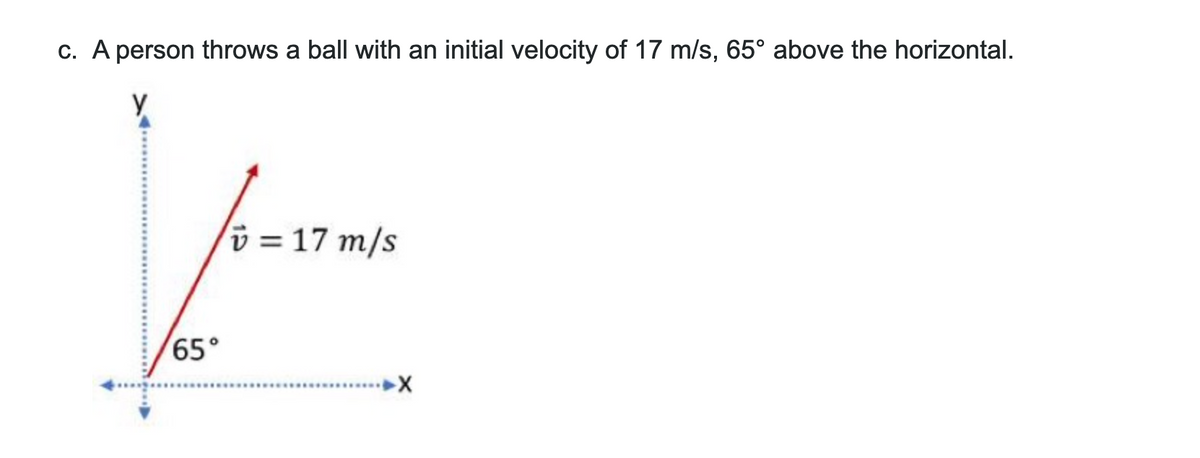 c. A person throws a ball with an initial velocity of 17 m/s, 65° above the horizontal.
Y
= 17 m/s
65°
X
