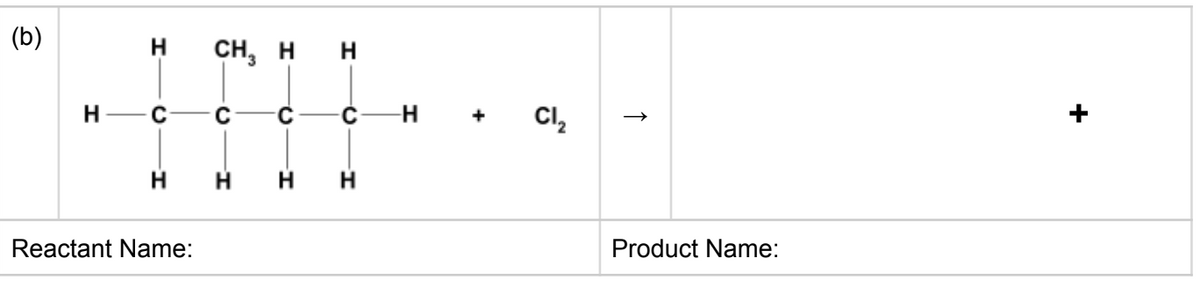 (b)
H.
сн, н н
Cl,
C
H +
H.
H.
H.
Reactant Name:
Product Name:
