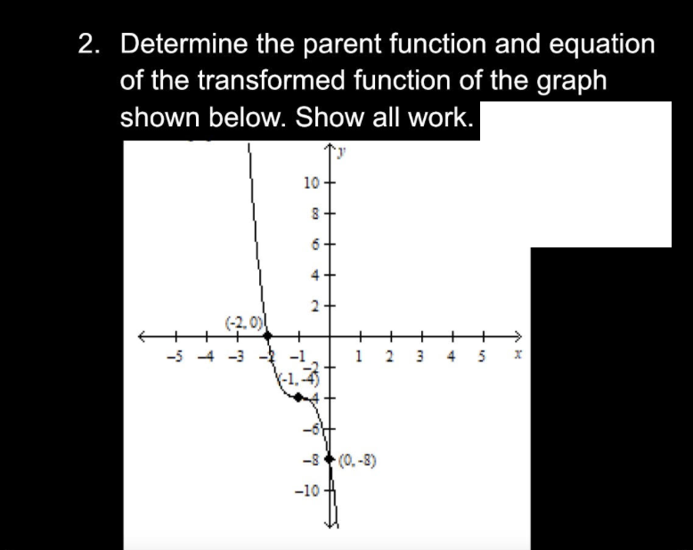 2. Determine the parent function and equation
of the transformed function of the graph
shown below. Show all work.
-5 -4
(-2.0)
10
8
DO
6
4
2
1 2 3
-8 (0.-8)
-10
4
5
x
