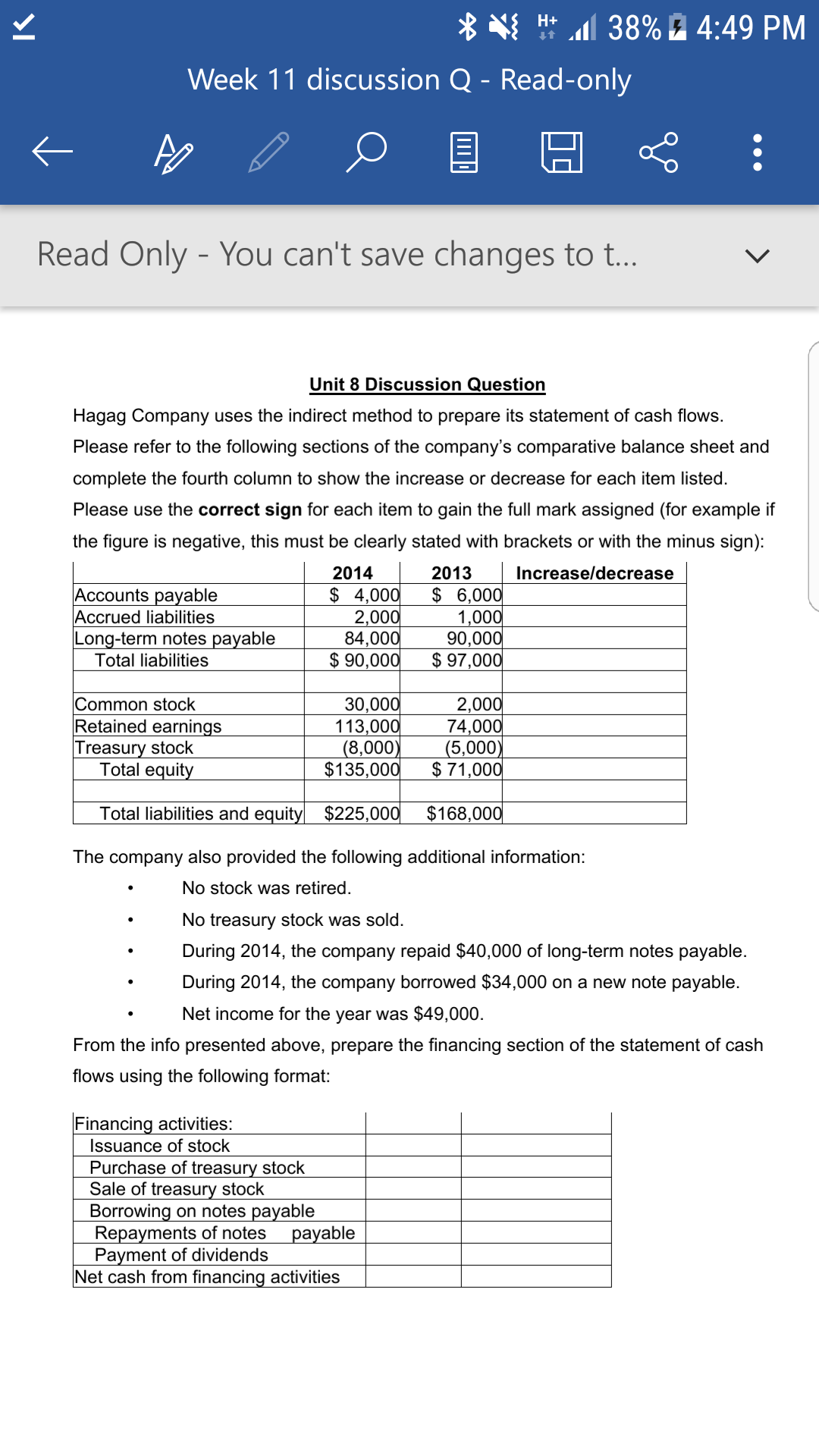 * * * l 38% Z 4:49 PM
H+
Week 11 discussion Q - Read-only
Read Only - You can't save changes to t...
Unit 8 Discussion Question
Hagag Company uses the indirect method to prepare its statement of cash flows.
Please refer to the following sections of the company's comparative balance sheet and
complete the fourth column to show the increase or decrease for each item listed.
Please use the correct sign for each item to gain the full mark assigned (for example if
the figure is negative, this must be clearly stated with brackets or with the minus sign):
2014
2013
Increase/decrease
Accounts payable
Accrued liabilities
Long-term notes payable
$ 4,000
2,000
84,000
$ 90,000
$ 6,000
1,000
90,000
$ 97,000
Total liabilities
Common stock
Retained earnings
Treasury stock
Total equity
30,000
113,000
(8,000)
$135,000
2,000
74,000
(5,000)
$ 71,000
Total liabilities and equity $225,000
$168,000
The company also provided the following additional information:
No stock was retired.
No treasury stock was sold.
During 2014, the company repaid $40,000 of long-term notes payable.
During 2014, the company borrowed $34,000 on a new note payable.
Net income for the year was $49,000.
From the info presented above, prepare the financing section of the statement of cash
flows using the following format:
Financing activities:
Issuance of stock
Purchase of treasury stock
Sale of treasury stock
Borrowing on notes payable
Repayments of notes
payable
Payment of dividends
Net cash from financing activities
