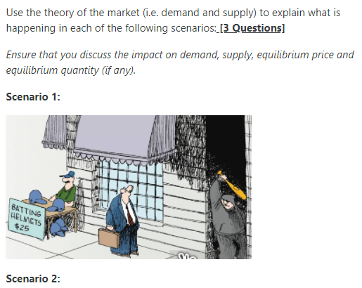 Use the theory of the market (i.e. demand and supply) to explain what is
happening in each of the following scenarios: [3 Questions]
Ensure that you discuss the impact on demand, supply, equilibrium price and
equilibrium quantity (if any).
Scenario 1:
BATTING
AELMETS
$25
Scenario 2:
