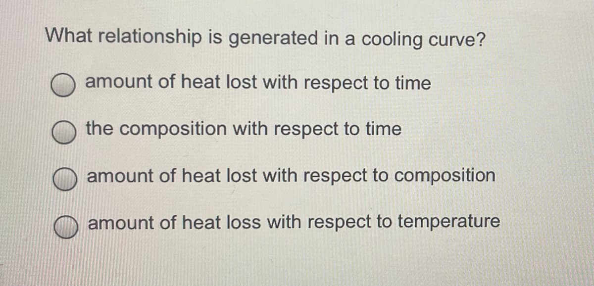 What relationship is generated in a cooling curve?
amount of heat lost with respect to time
the composition with respect to time
amount of heat lost with respect to composition
amount of heat loss with respect to temperature
