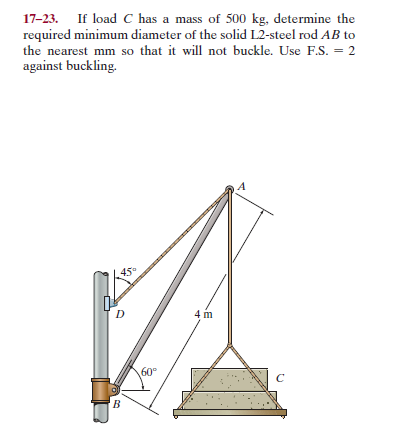 17-23. If load C has a mass of 500 kg, determine the
required minimum diameter of the solid L2-steel rod AB to
the nearest mm so that it will not buckle. Use F.S. = 2
against buckling.
4 m
60°
