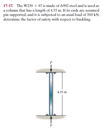 17-17. The W250 × 67 is made of A992 steel and is used as
a column that has a length of 4.55 m. If its ends are assumed
pin supported, and it is subjected to an axial load of 500 kN,
determine the factor of safety with respect to buckling.
4.55 m
