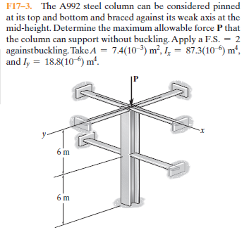 F17-3. The A992 steel column can be considered pinned
at its top and bottom and braced against its weak axis at the
mid-height. Determine the maximum allowable force P that
the column can support without buckling. Apply a F.S. = 2
againstbuckling. Take A = 7.4(10-3) m², I, = 87.3(10-6) m*,
and Iy = 18.8(10-6) m².
IP
6 m
6 m
