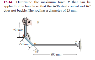 17-14. Determine the maximum force P that can be
applied to the handle so that the A-36 steel control rod BC
does not buckle. The rod has a diameter of 25 mm.
350 mm
250 mm
45°
800 mm
