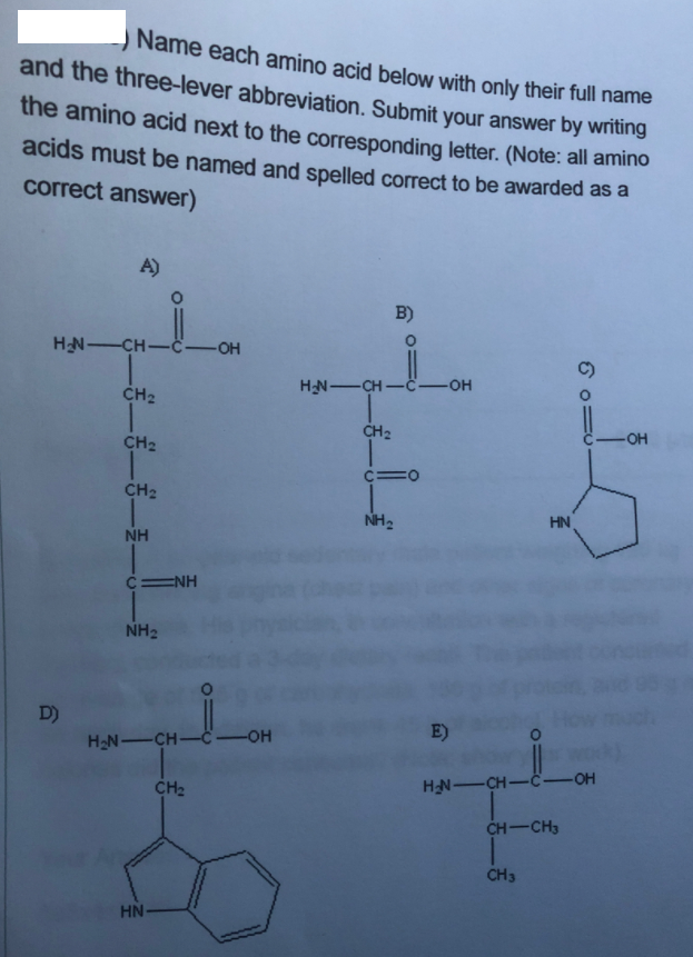 Name each amino acid below with only their full name
and the three-lever abbreviation. Submit your answer by whung
the amino acid next to the corresponding letter. (Note: all amino
acids must be named and spelled correct to be awarded as a
correct answer)
A)
B)
HN-CH-ċ-
-OH
HN-CH -č
-HO-
CH2
CH2
OH
CH2
CH2
NH2
HN
NH
CENH
NH2
D)
H-N-CH-C-OH
E)
CH2
HN-CH- -OH
CH-CH3
CH3
HN
