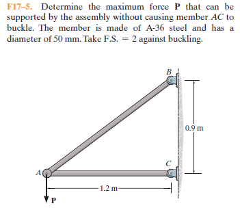 F17-5. Determine the maximum force P that can be
supported by the assembly without causing member AC to
buckle. The member is made of A-36 steel and has a
diameter of 50 mm. Take F.S. = 2 against buckling.
0.9 m
1.2 m
